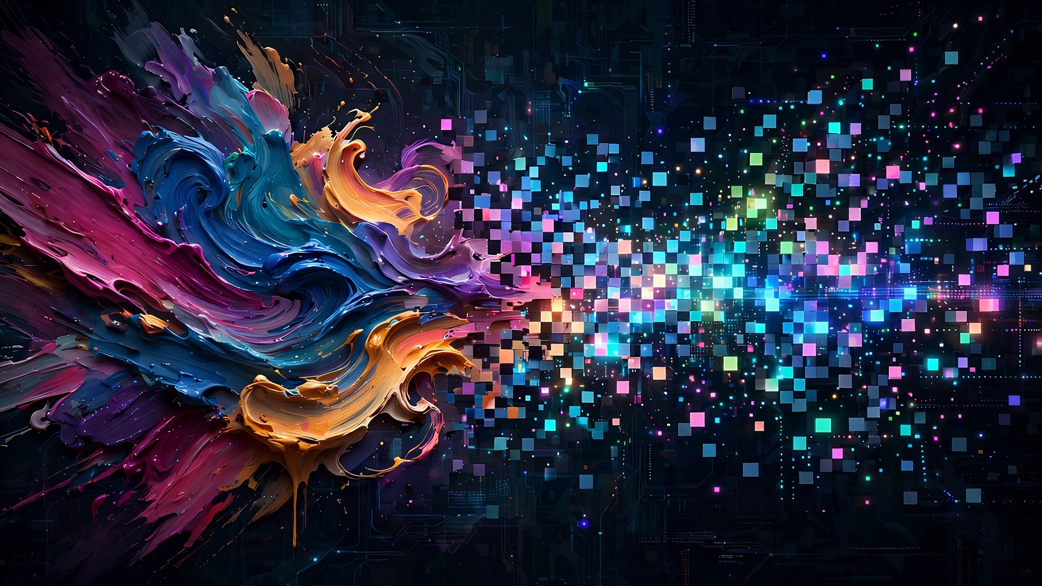 Digital canvas with paint strokes transforming into glowing pixels, representing AI image generation