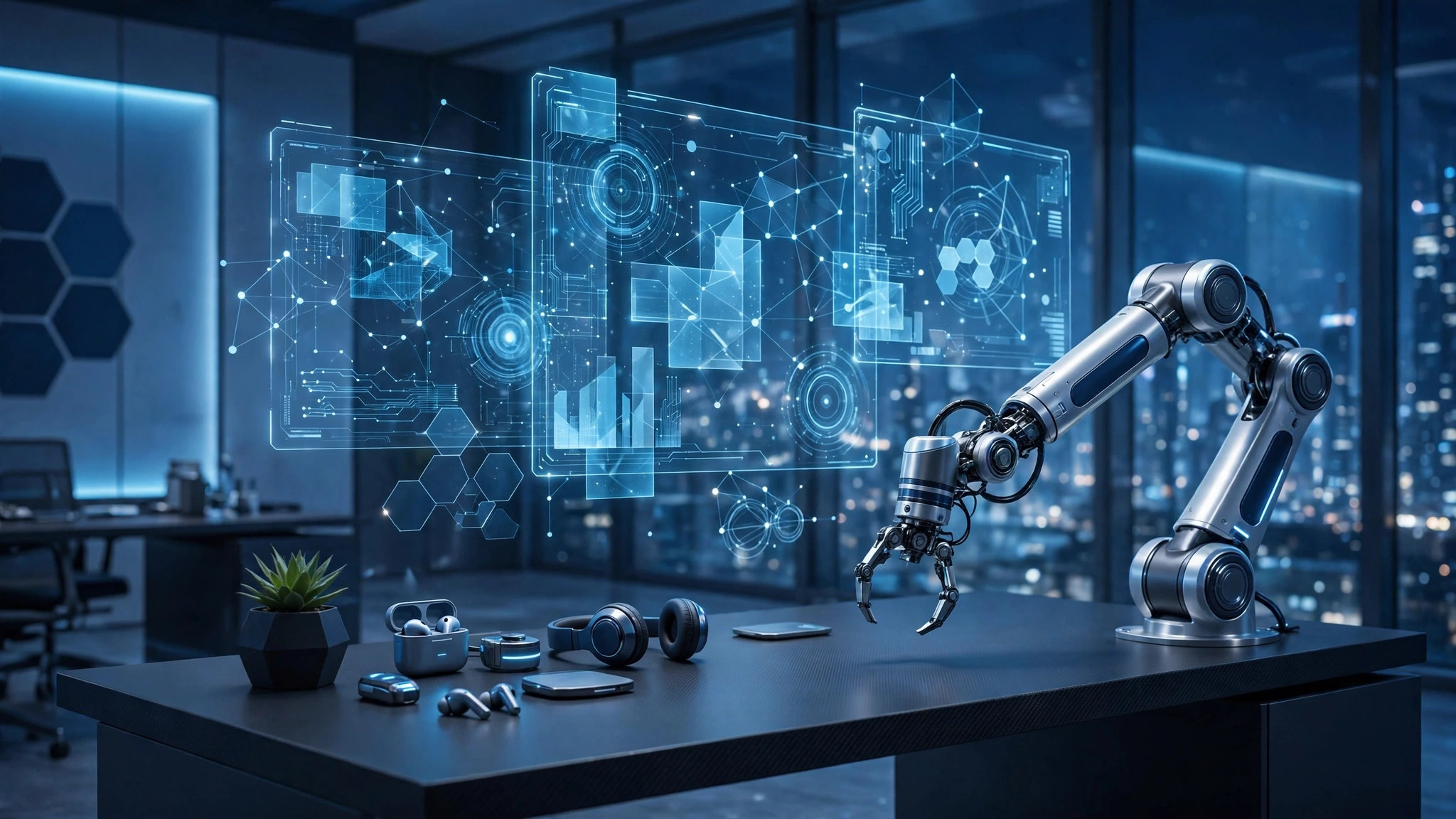Futuristic workspace with holographic task boards and a robot assistant arm