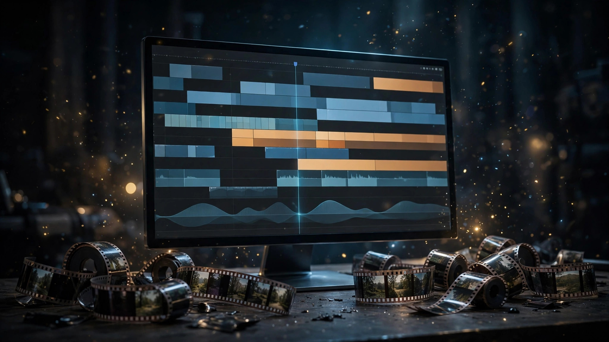 Video editing timeline on a monitor in a dark studio with cinematic lighting
