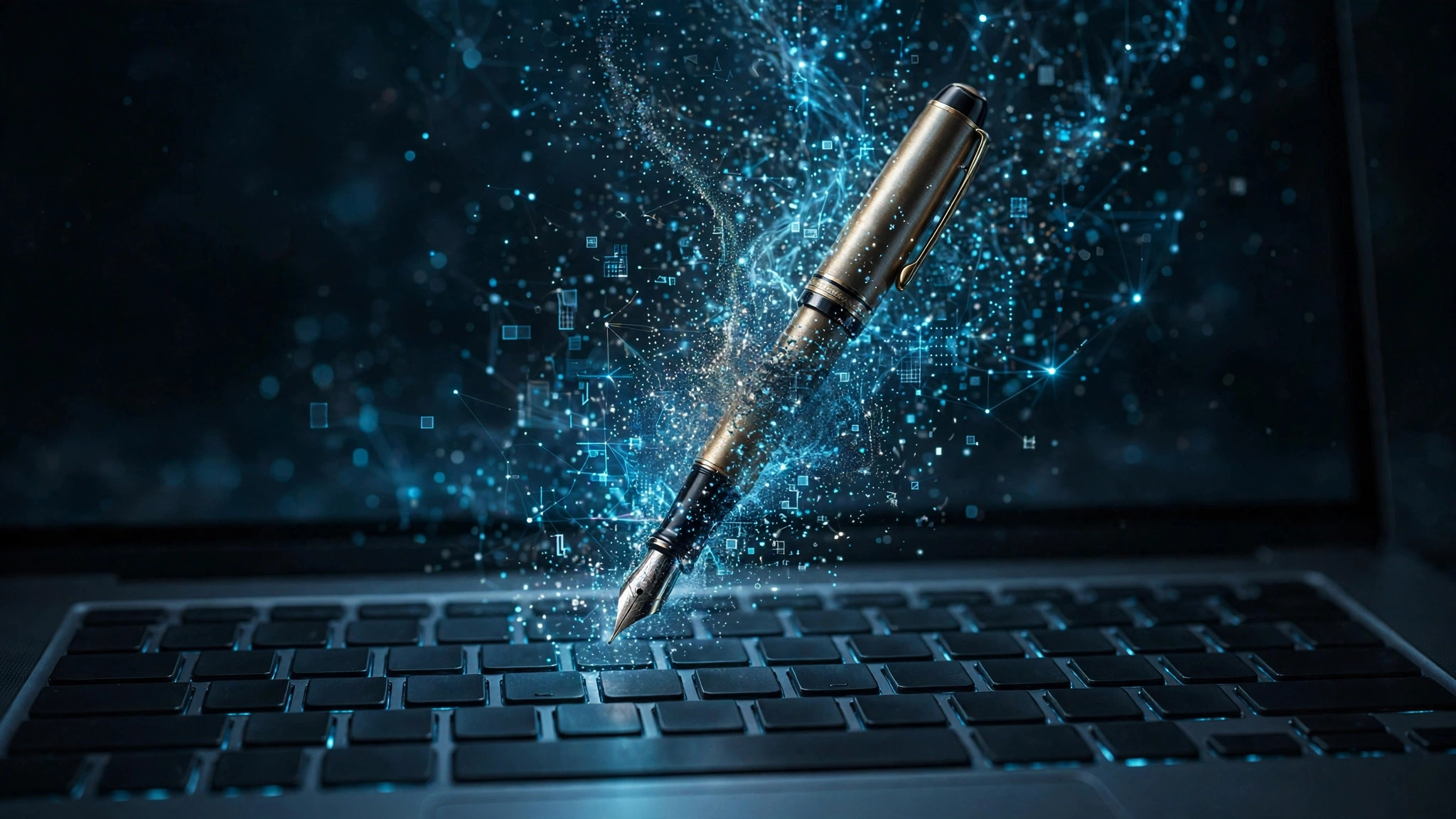 Fountain pen turning into glowing digital particles above a laptop keyboard