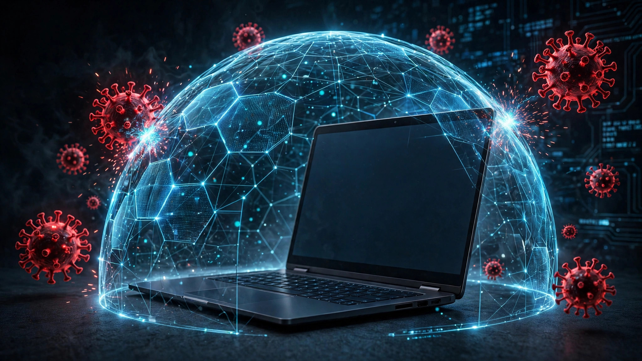 Glowing digital shield defending a laptop against virus particles