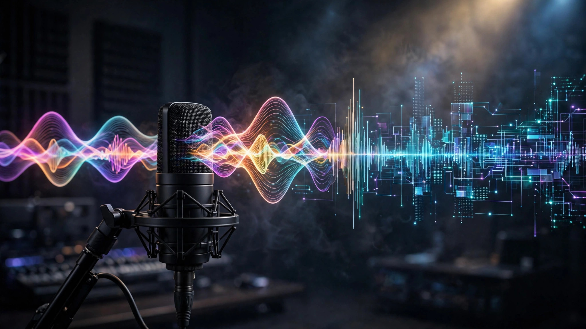 Microphone with sound waves turning into digital waveforms