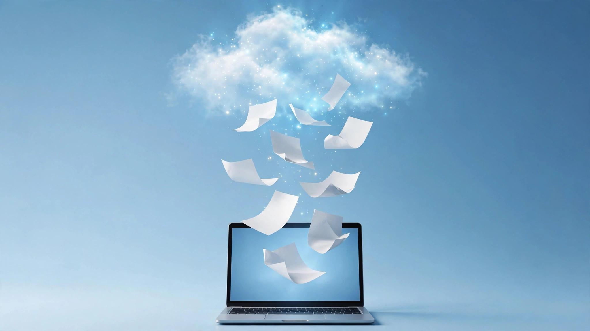 Documents floating into a glowing cloud above a laptop, illustrating cloud storage