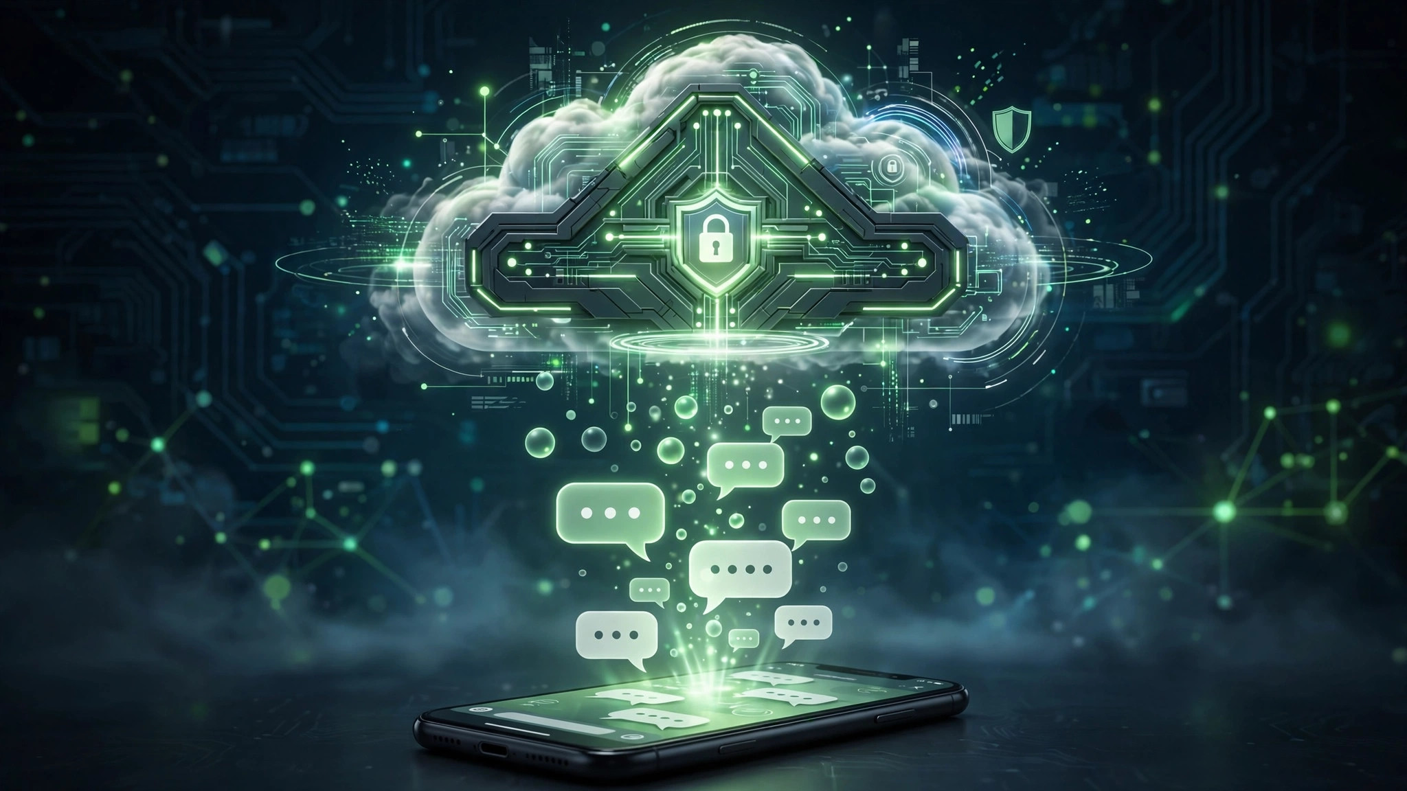Smartphone with chat bubbles backing up into a secure cloud vault