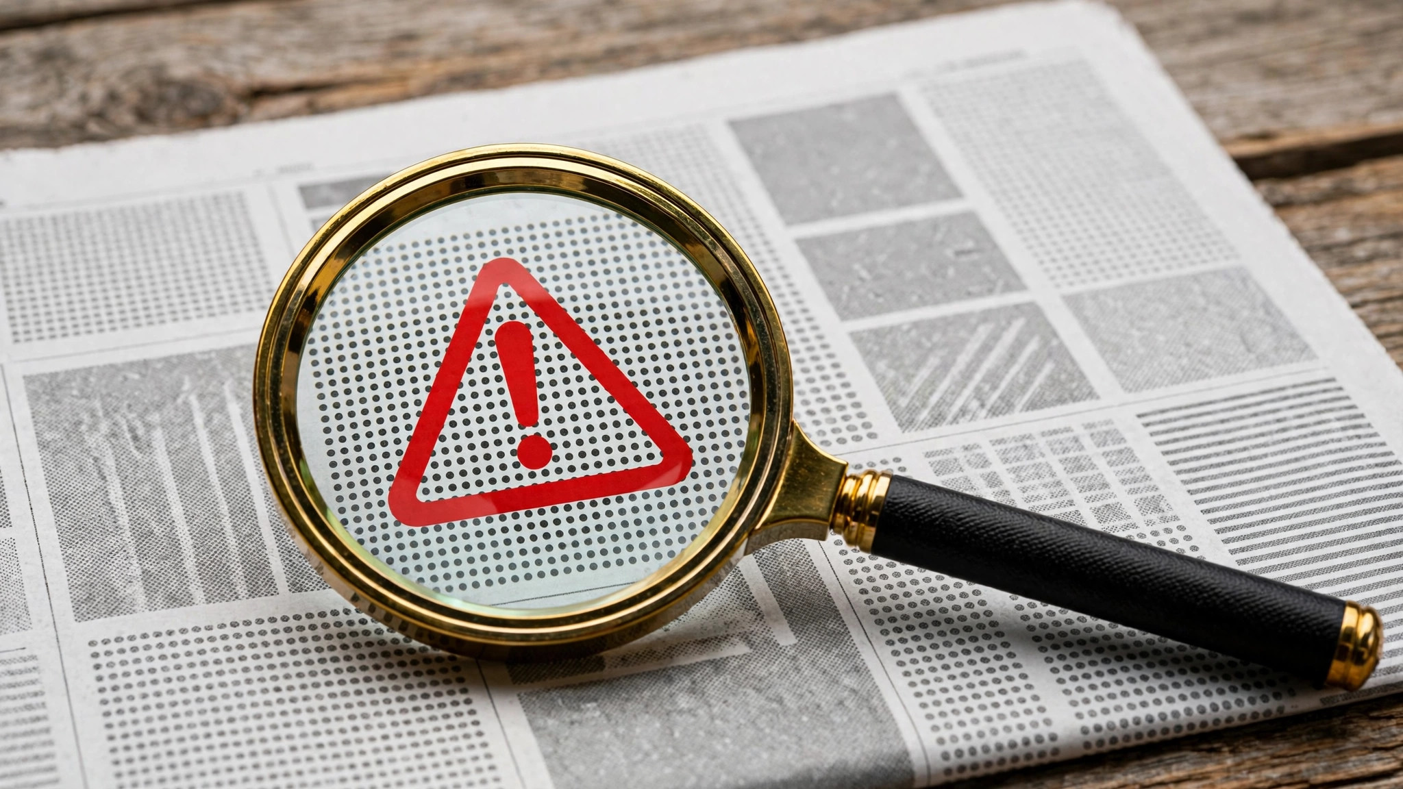 Magnifying glass revealing a warning symbol on a newspaper, symbolizing fake news detection