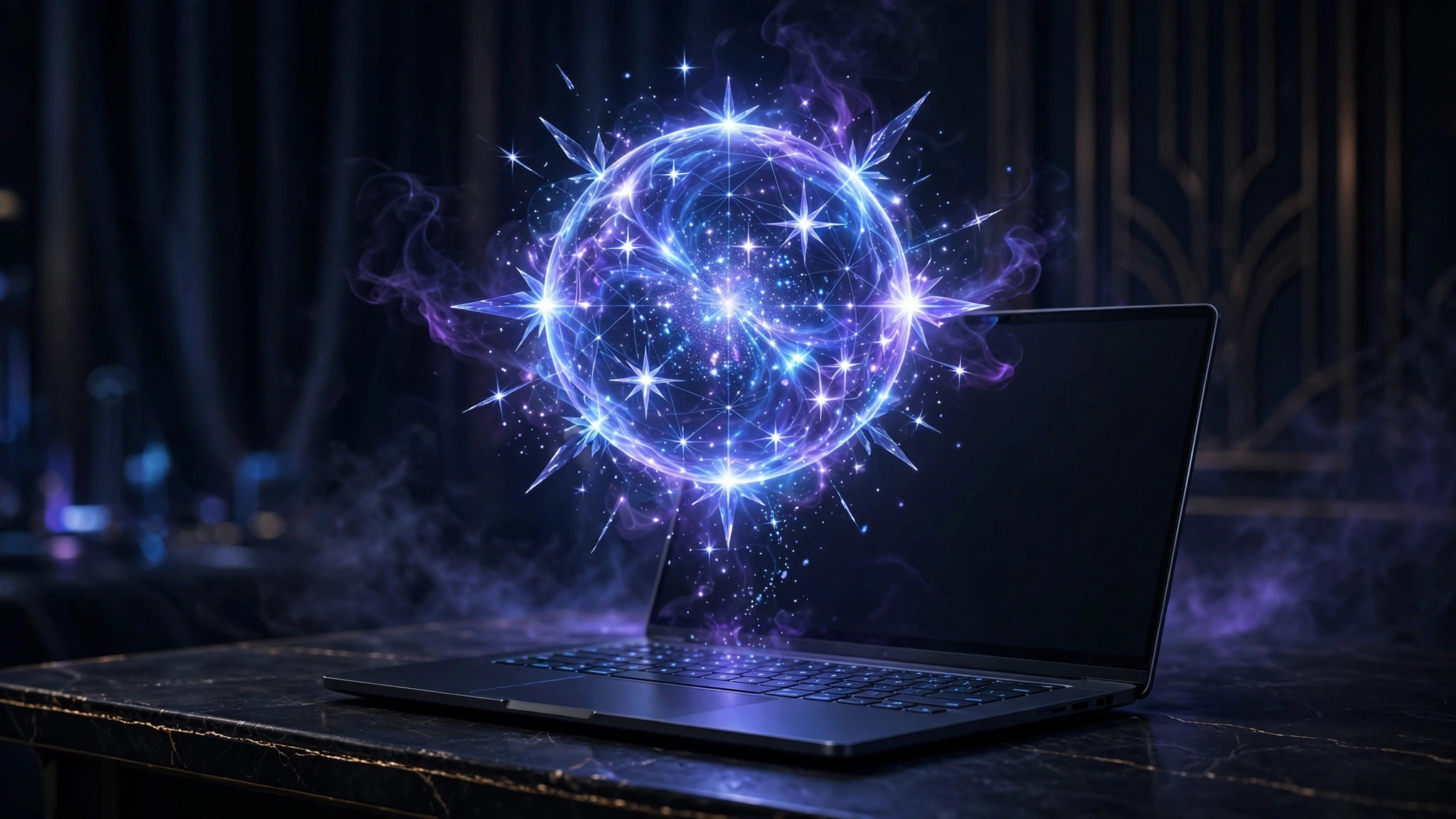 Glowing AI orb hovering above a laptop on a dark background