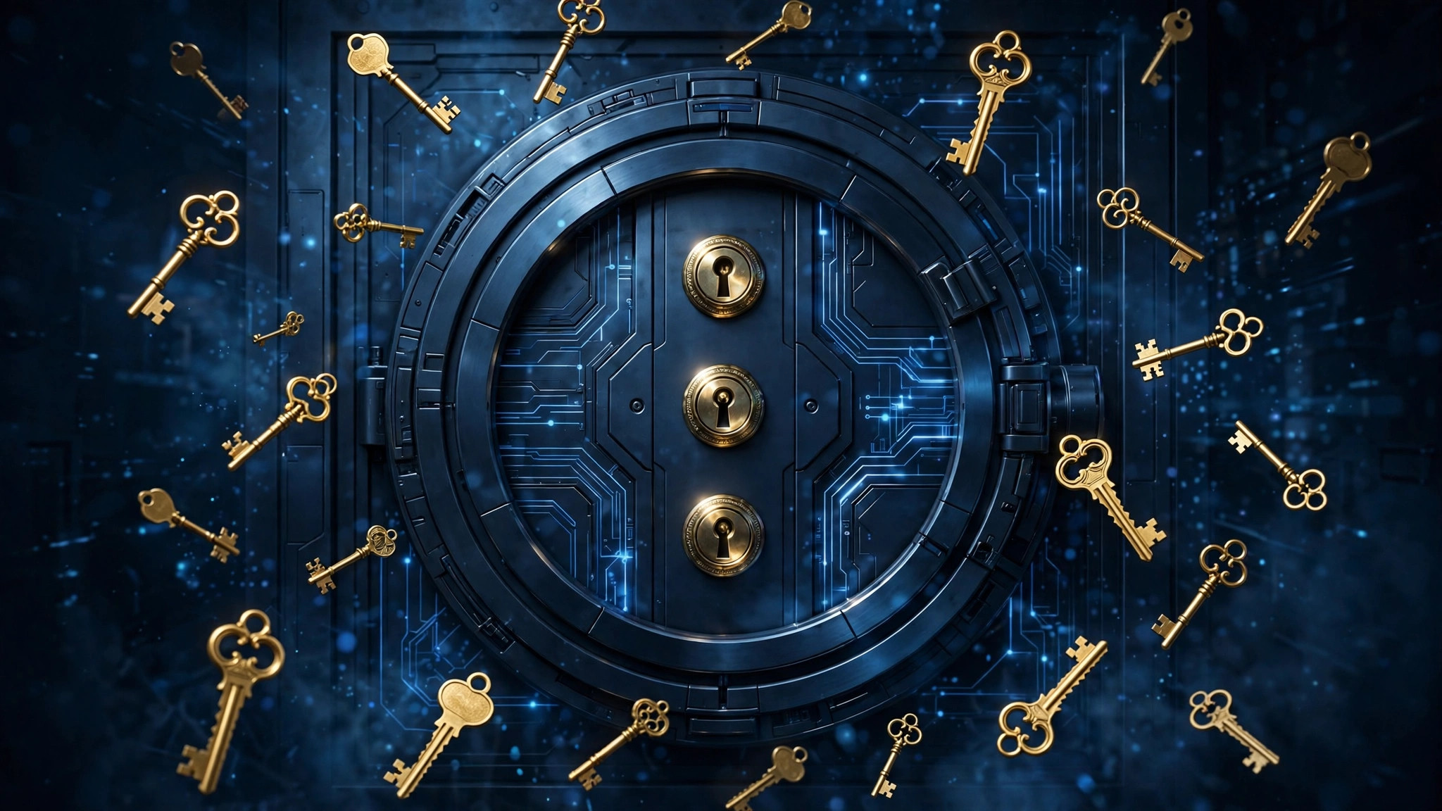Digital vault door with floating keys, representing password security