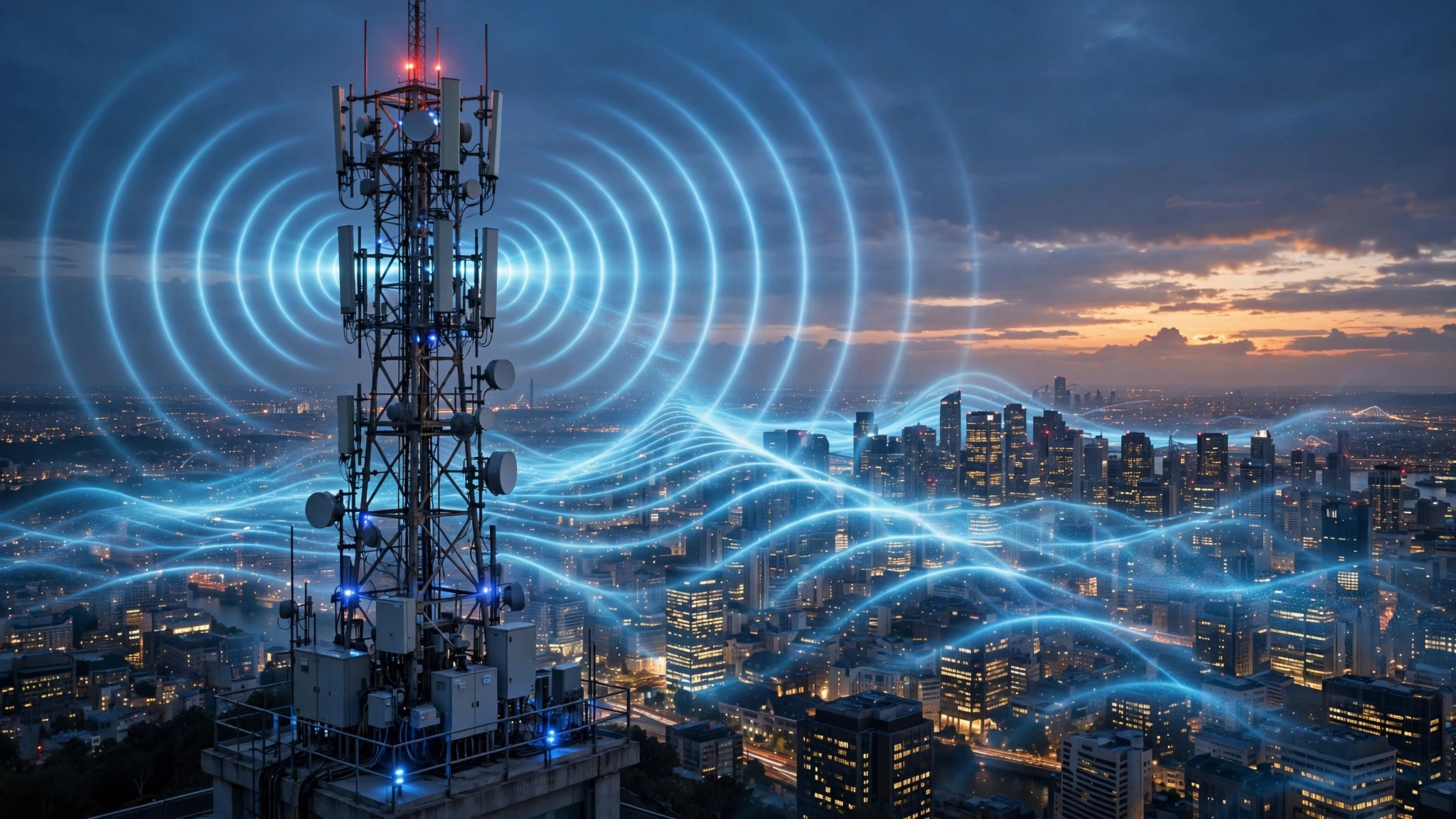 Tower emitting glowing signal waves over a city skyline at dusk