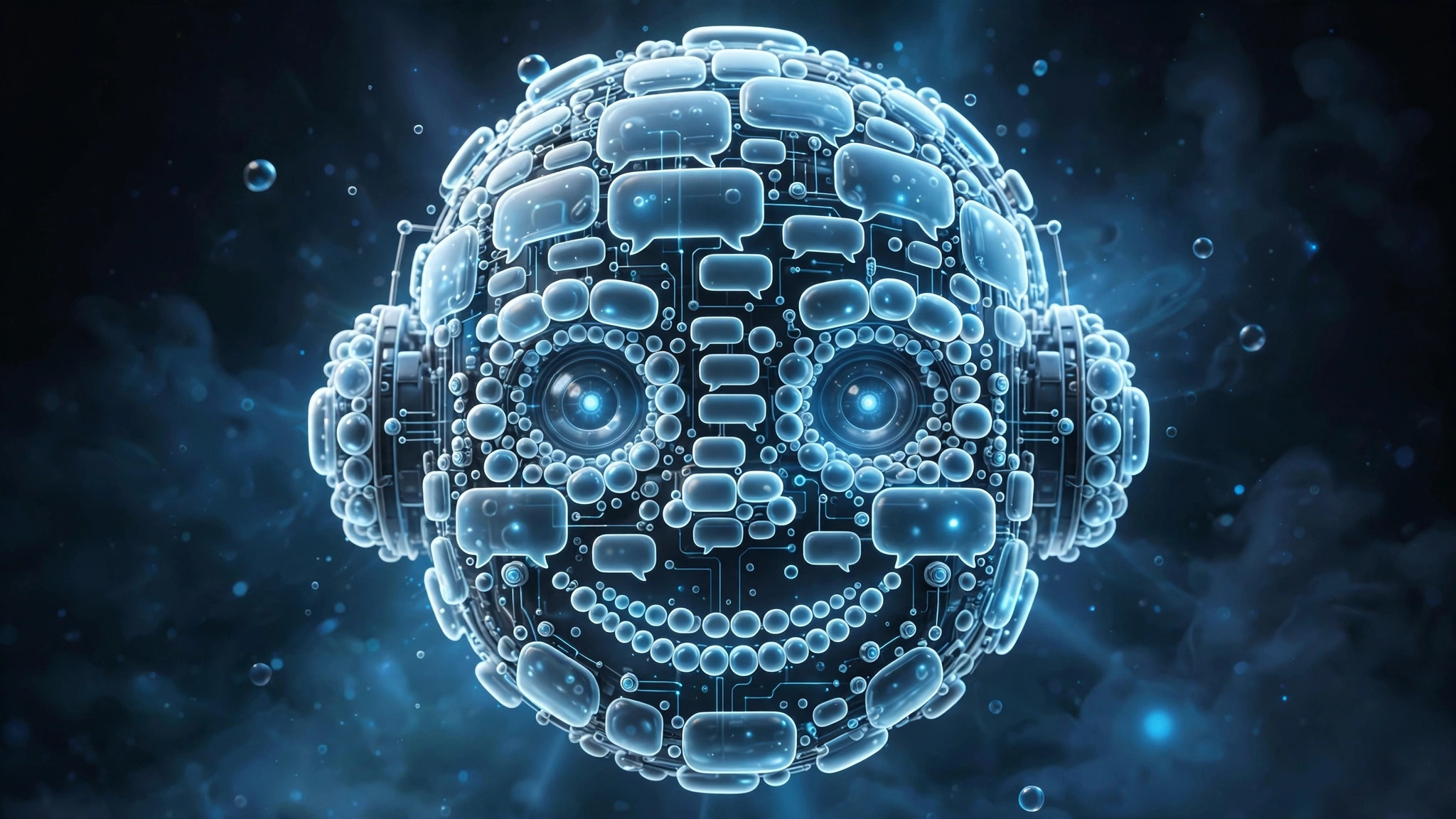Robot head made of glowing chat bubbles on a dark background