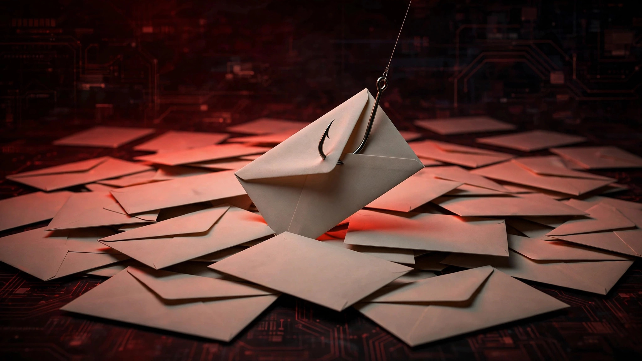 Fishing hook catching an envelope among mail, warning of phishing scams