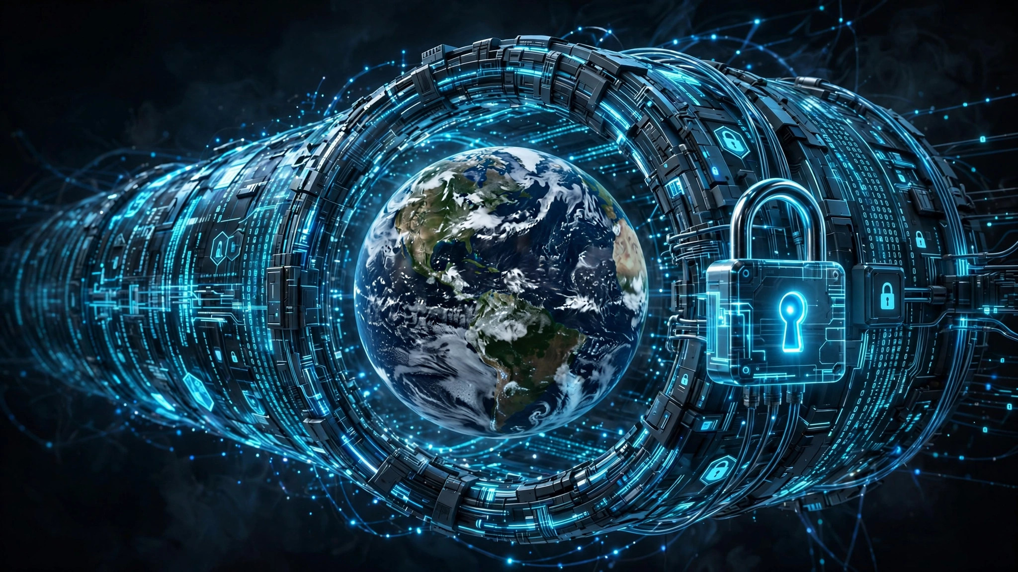 Globe inside a glowing encrypted tunnel with a padlock, symbolizing VPN privacy